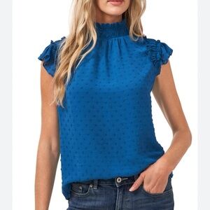💙 Dot Ruffle Mock Necked Blouse CeCe Royal Blue SZ M💙